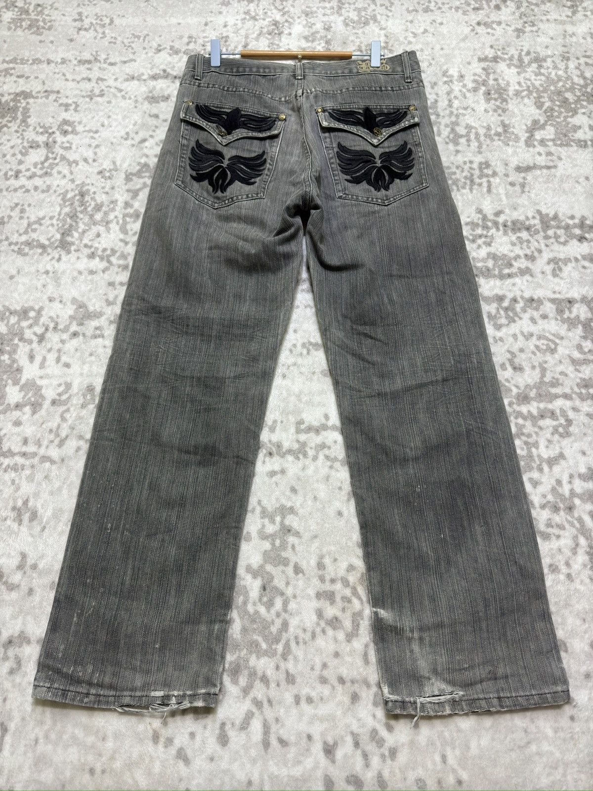 Japanese Brand Vintage Blue Gear Jeans Distressed Black Wing Embroidery Size US 32 / EU 48 - 1 Thumbnail