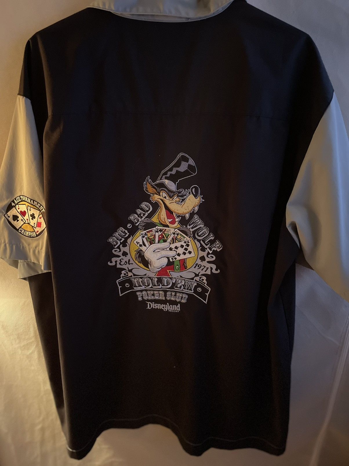 image of Disney Big Bad Wolf Hold Em Poker Club Button Up in Grey, Men's (Size Large)