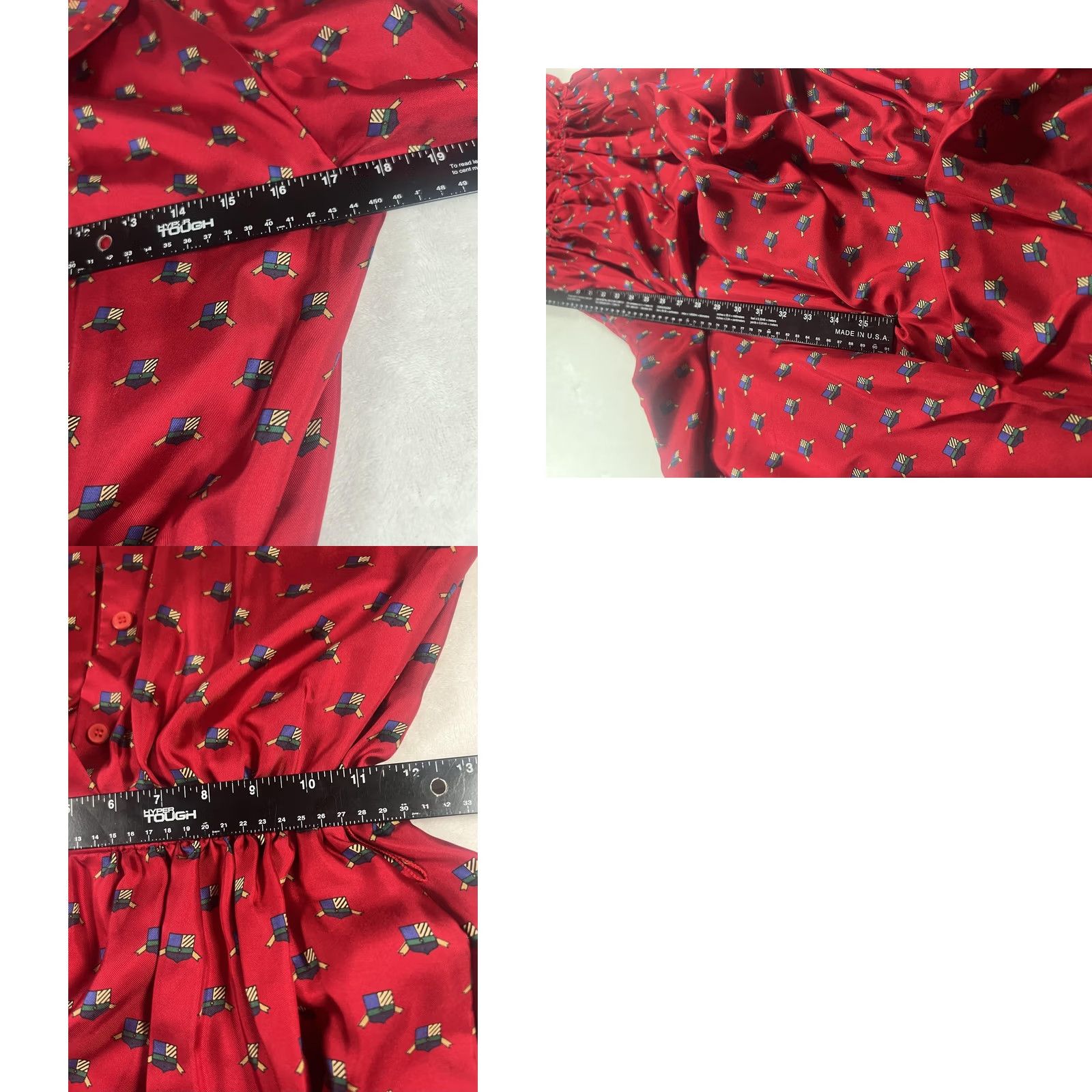 Vintage Frank Young Silk Shirt Dress Womens 6 Red Geometric Print Elastic Waist Buttons Size M / US 6-8 / IT 42-44 - 9 Thumbnail