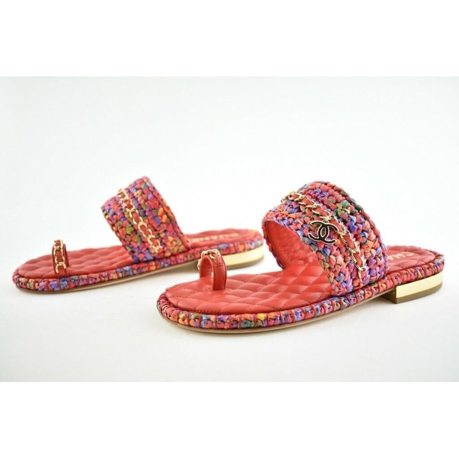 Chanel Chanel 20S Red Blue Purple Raffia Tweed CC Logo Mule Size US 6 / IT 36 - 10 Thumbnail