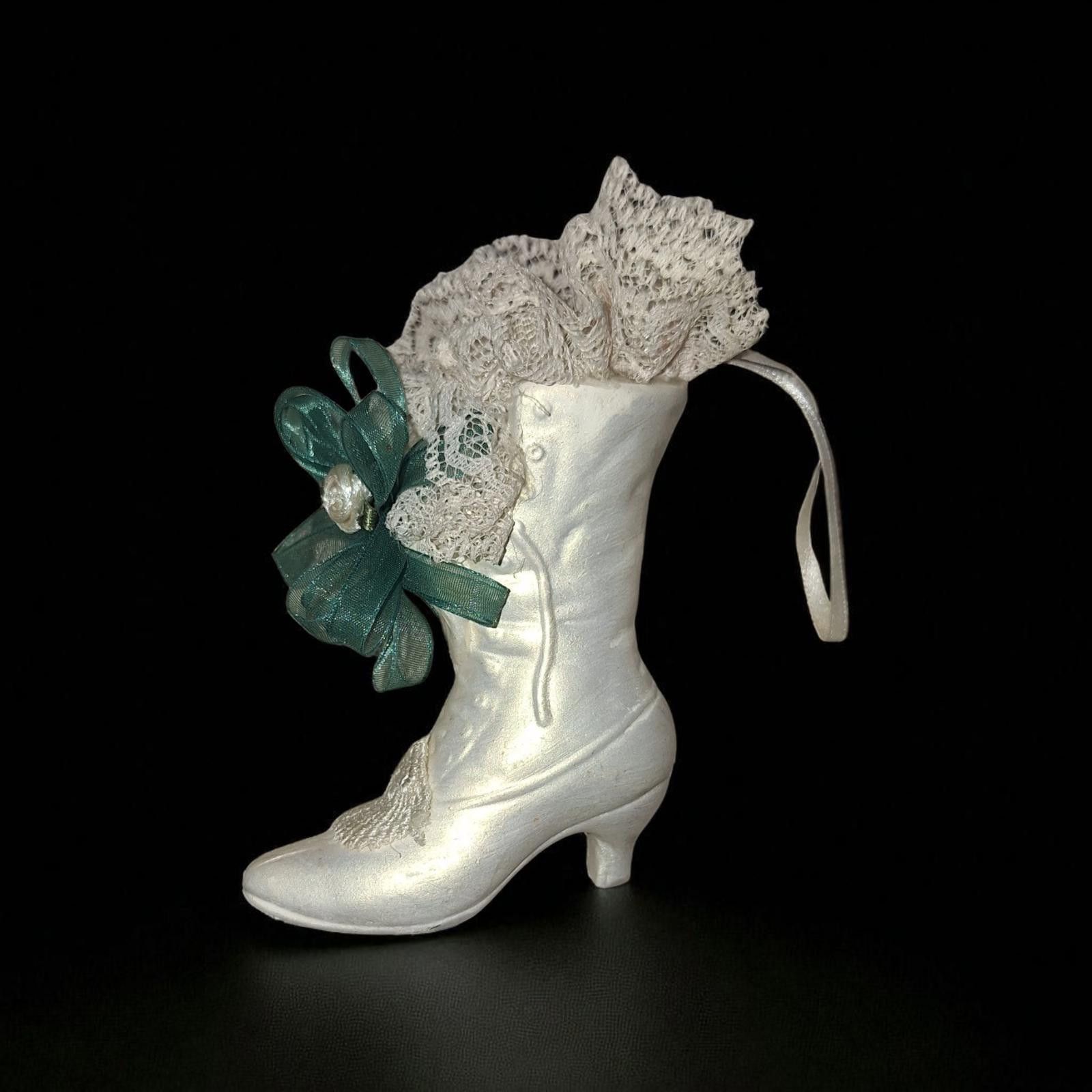 Designer Vtg Ornament White Victorian Boot with Lace Size ONE SIZE - 2 Thumbnail