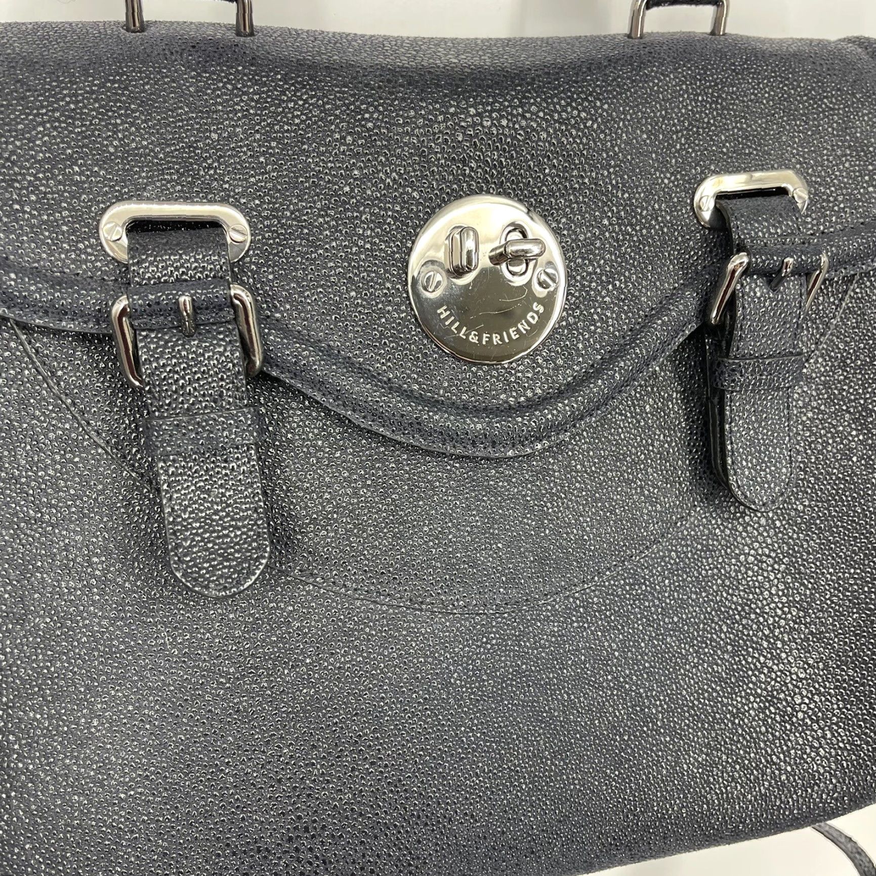 Vintage Hill and Friends Satchel Tote Women Large Blue Leather Pebbled Crossbody Strap Silver Hardware Happy Womens Size ONE SIZE - 4 Thumbnail