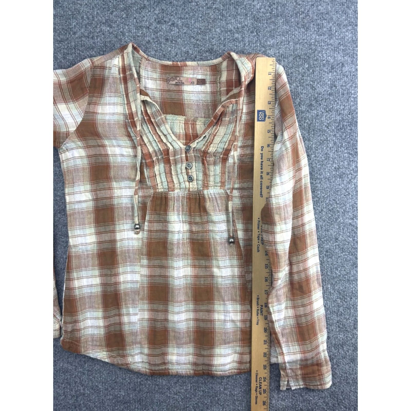 Prana prAna Popover Shirt Women's XS Brown Plaid Button Front Long Sleeve Drawstring Shirt Size XS / US 0-2 / IT 36-38 - 4 Thumbnail