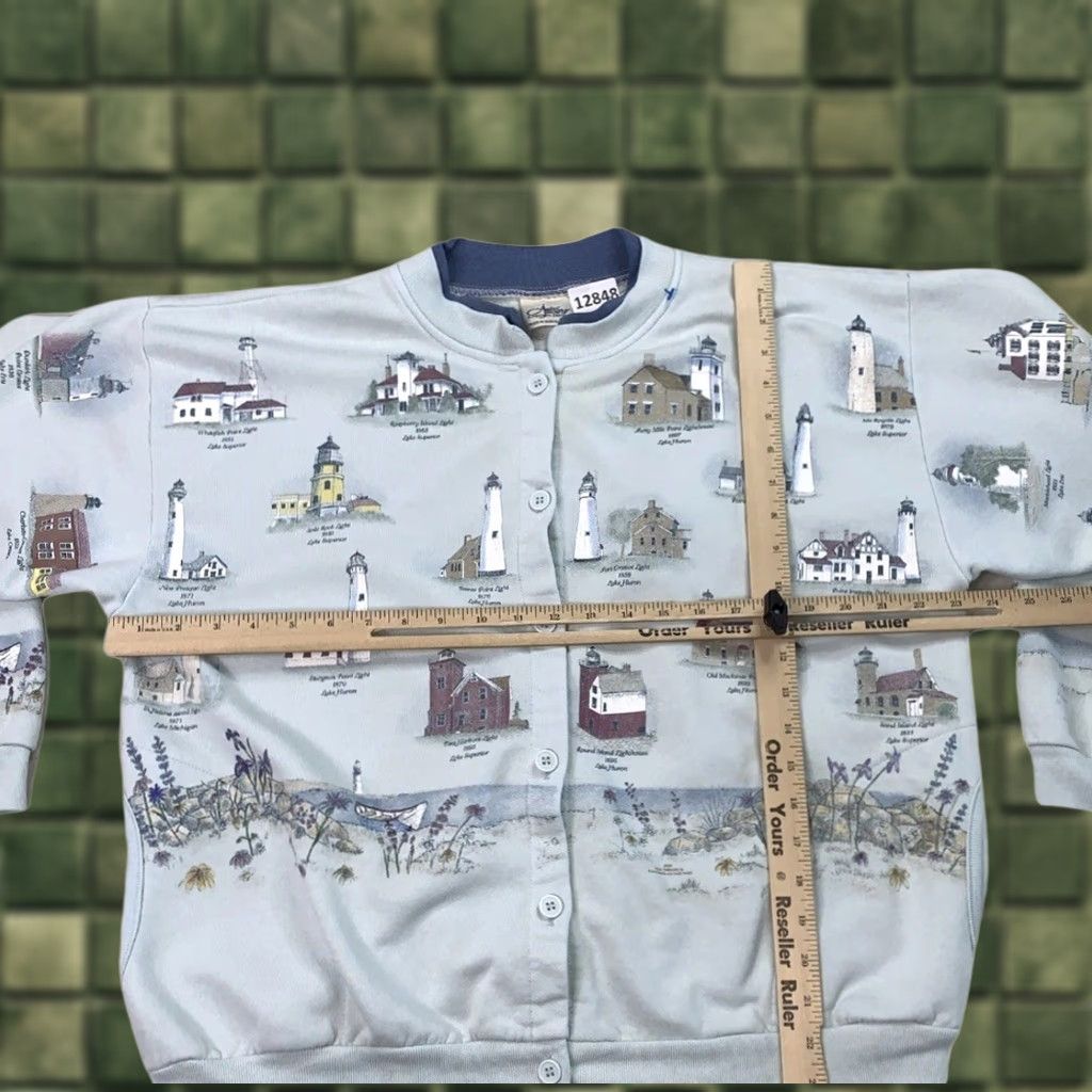 Vintage VINTAGE Grandmacore Cottage All Over Print Lighthouse Cardigan USA Large Cardigan Womens L Blue USA Graphic Knit Vintage Sagacity Size L / US 10 / IT 46 - 1 Thumbnail