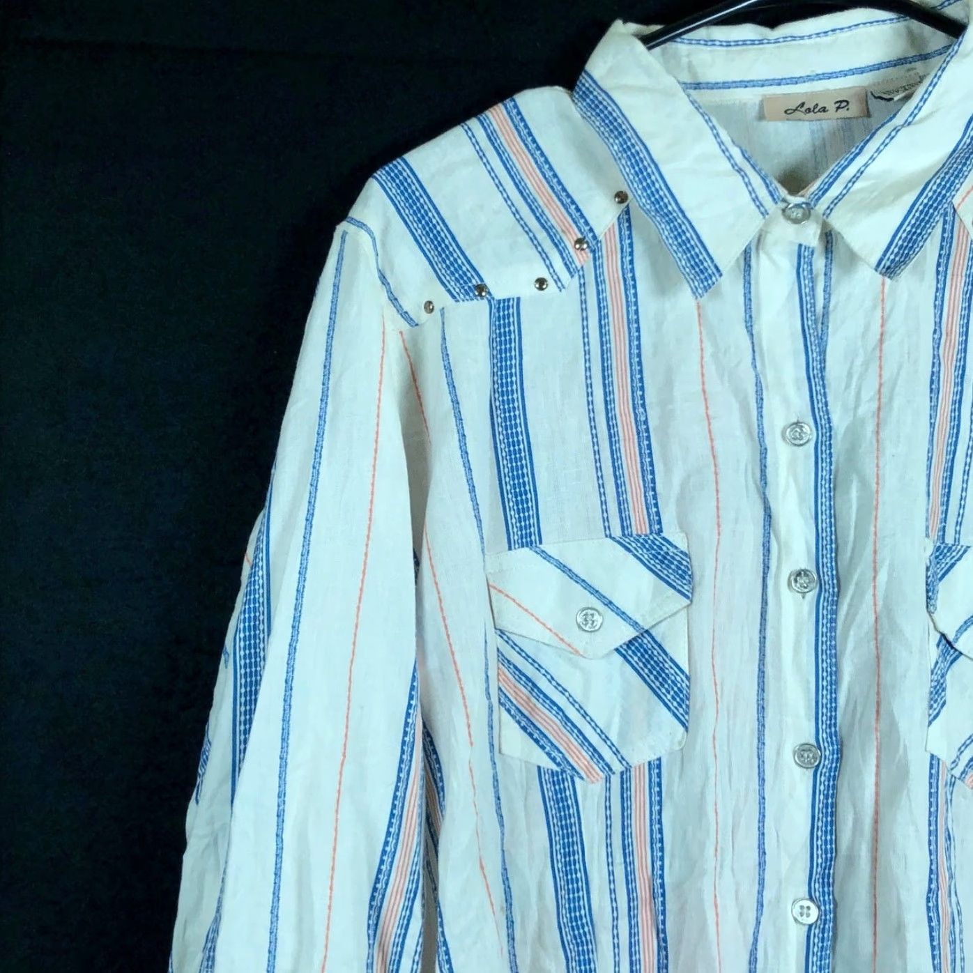 Vintage Lola P Womens Blouse White Multi Striped Floral Button Down Collared XL Size XL / US 12-14 / IT 48-50 - 4 Thumbnail