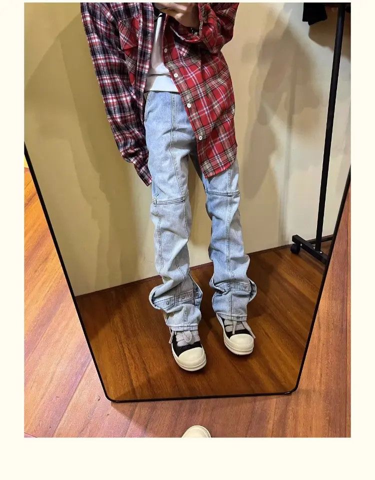 Blue Embroidered Patchwork Stacked Denim Jeans