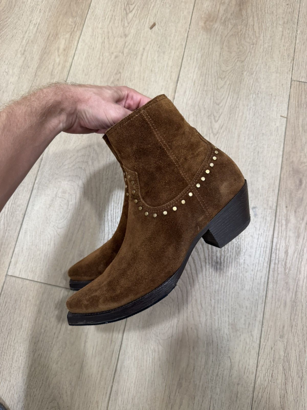 Pre-owned Saint Laurent Suede Studded Lukas Boots In Brown
