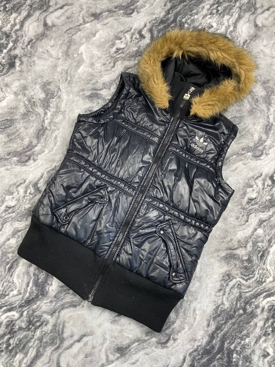 Vintage Adidas Vest Faux Fur Trim Hood Puffer Jacket