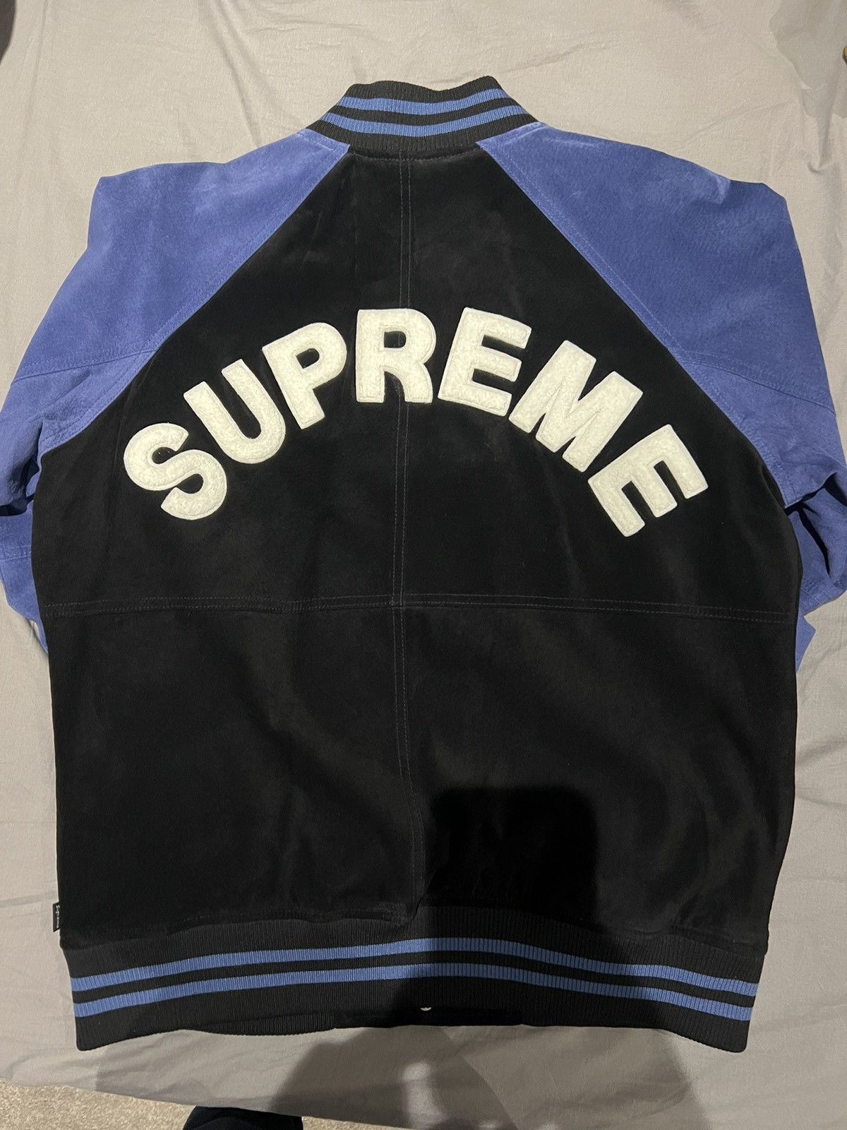 image of Supreme Varsity Suede Leather Jacket in Black, Men's (Size Medium)