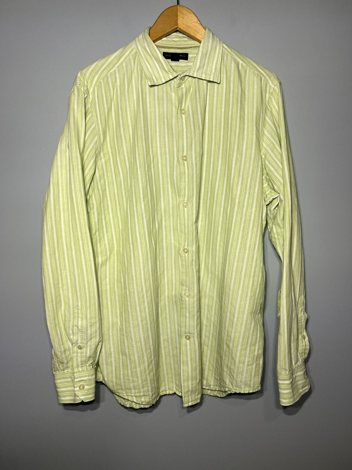 Banana Republic Banana Republic Linen Blend Green Striped Shirt Men's Sz L Size US L / EU 52-54 / 3 - 3 Thumbnail