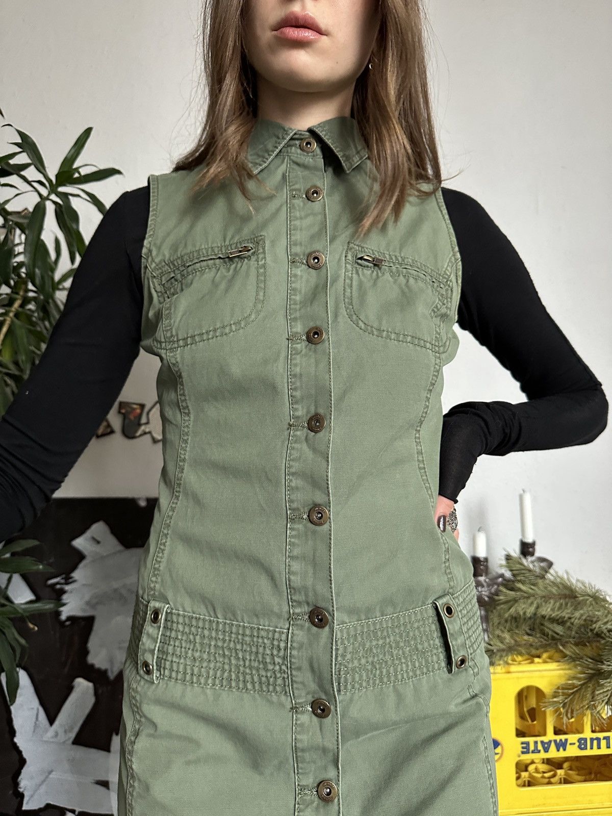 20471120 × Japanese Brand × Seditionaries Military Y2K Cotton Khaki Button Up Mini Dress Size ONE SIZE - 2 Thumbnail