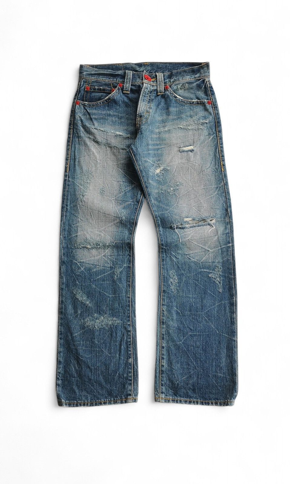Vintage Flare Co&Lu Distressed Light Wash Jeans Red Accents Size US 32 / EU 48 - 2 Thumbnail