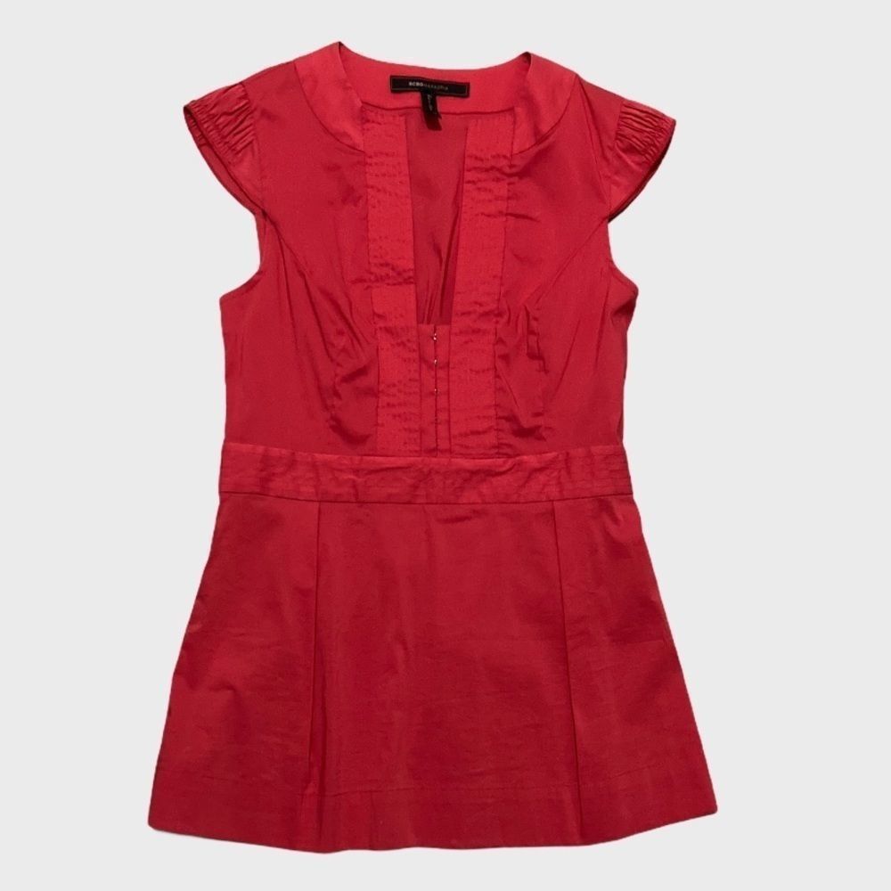 Bcbgmaxazria BCBGMaxAzria, Red Capped Sleeve Top, Plunging Splice Necklin Size XS / US 0-2 / IT 36-38 - 1 Thumbnail