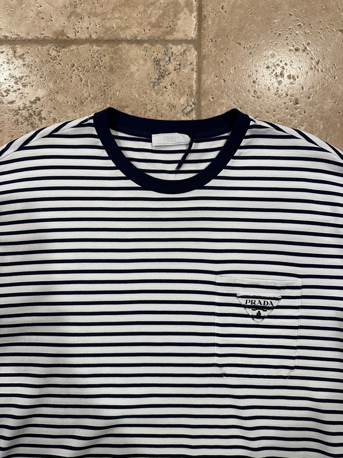 Prada Prada Striped Navy White Cotton Pocket Triangle Logo T-Shirt Size US XXL / EU 58 / 5 - 7 Thumbnail