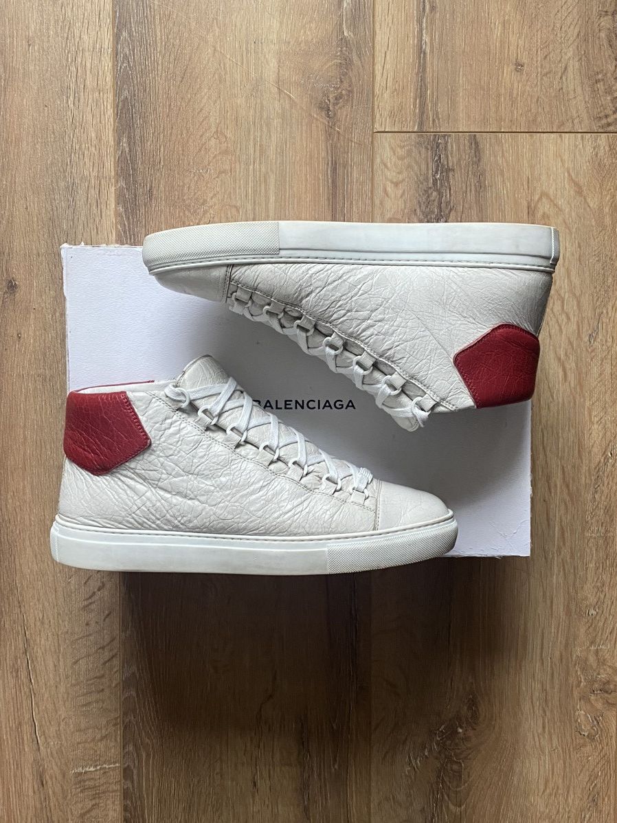 Balenciaga Arena High White and Red Cracked Leather Sneakers