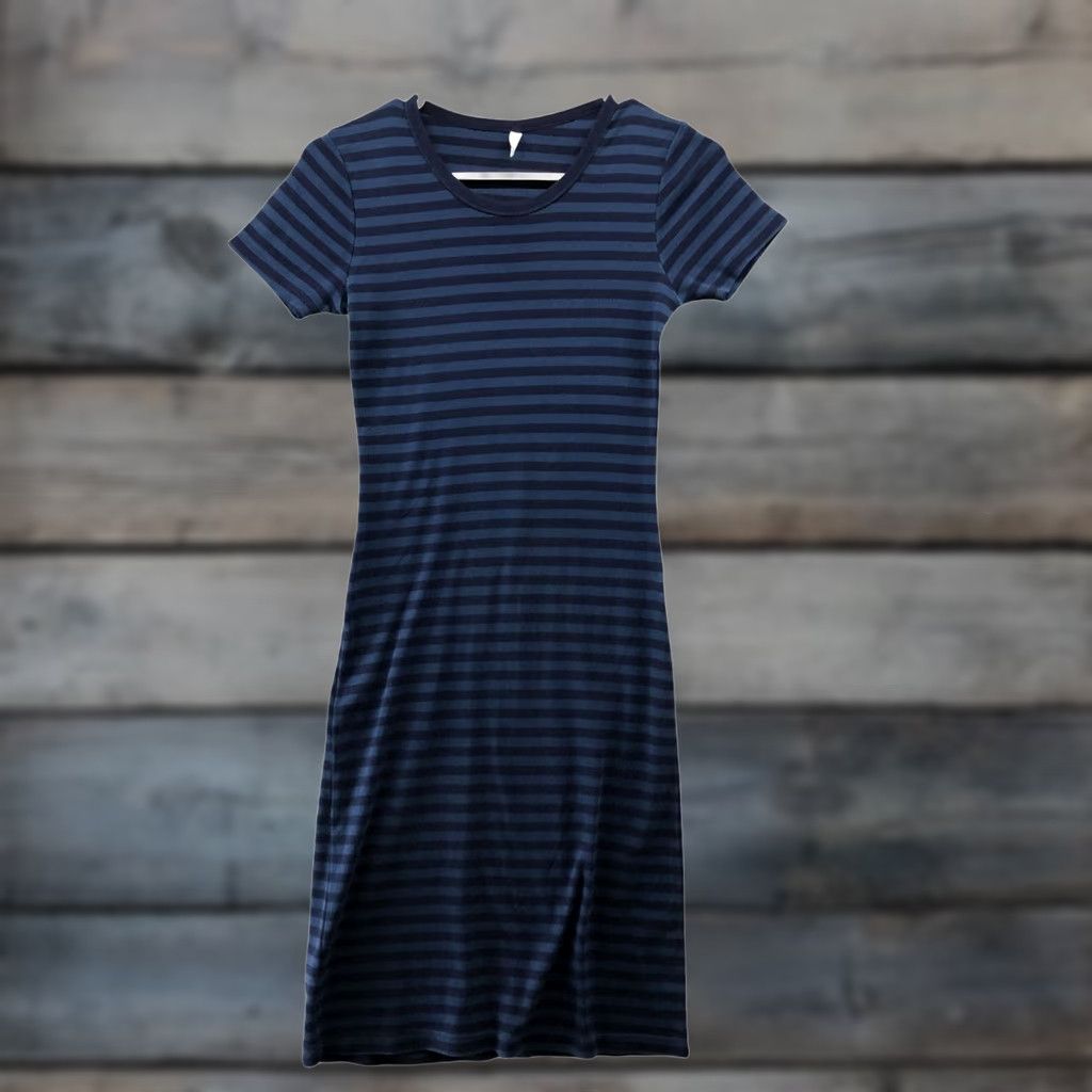 Vintage Christina Lehr T Shirt Dress S Navy Blue Striped Short Sleeve Crewneck, Knee Length, Cotton, Knit, Casual, Womens Size S / US 4 / IT 40 - 1 Thumbnail