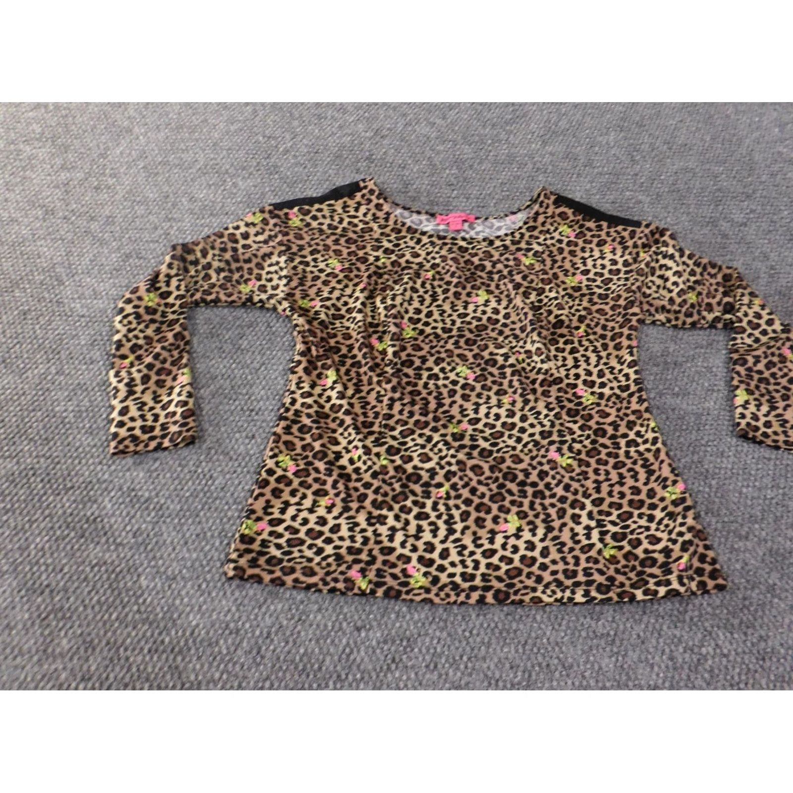 Betsey Johnson Betsey Johnson Blouse Shirt Womens S Brown Animal Print Knit Polyester Spandex Stretch Ruffle Round Neck Casual Long Sleeve Vintage No Size S / US 4 / IT 40 - 2 Thumbnail