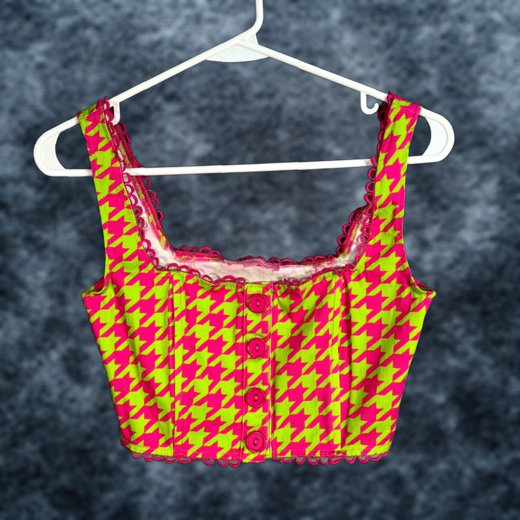 Vintage Sugar Thrillz Cropped Top Womens XS Neon Pink & Green Houndstooth Shirt Sleeveless Size XS / US 0-2 / IT 36-38 - 1 Thumbnail