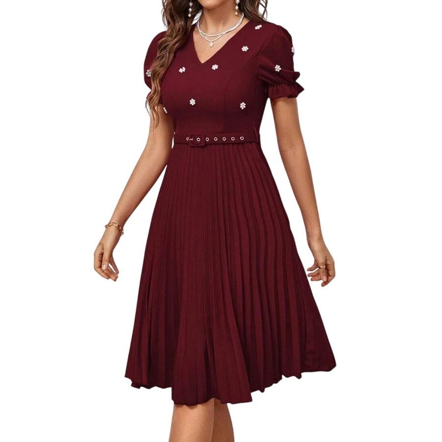 Shein Pearls Beaded Puff Sleeve Pleated Hem Dress in Maroon Size S Size S / US 4 / IT 40 - 1 Thumbnail