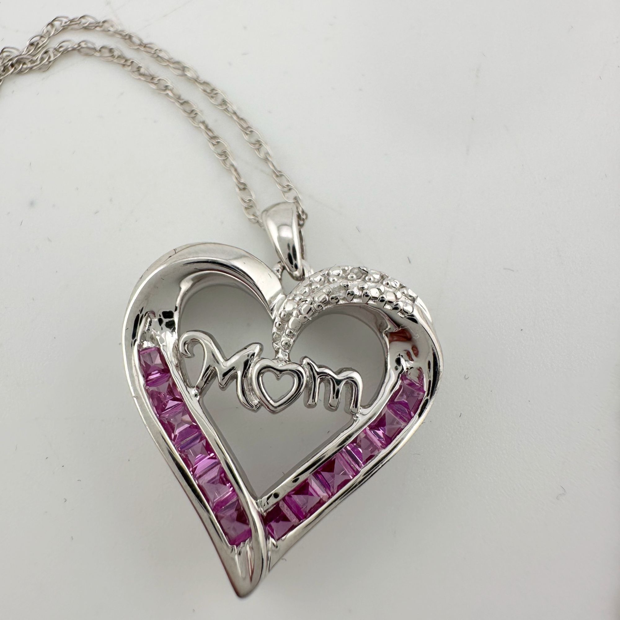 Other Pink Sapphire 'MOM' Heart Necklace with Diamond Accent Size ONE SIZE - 8 Thumbnail