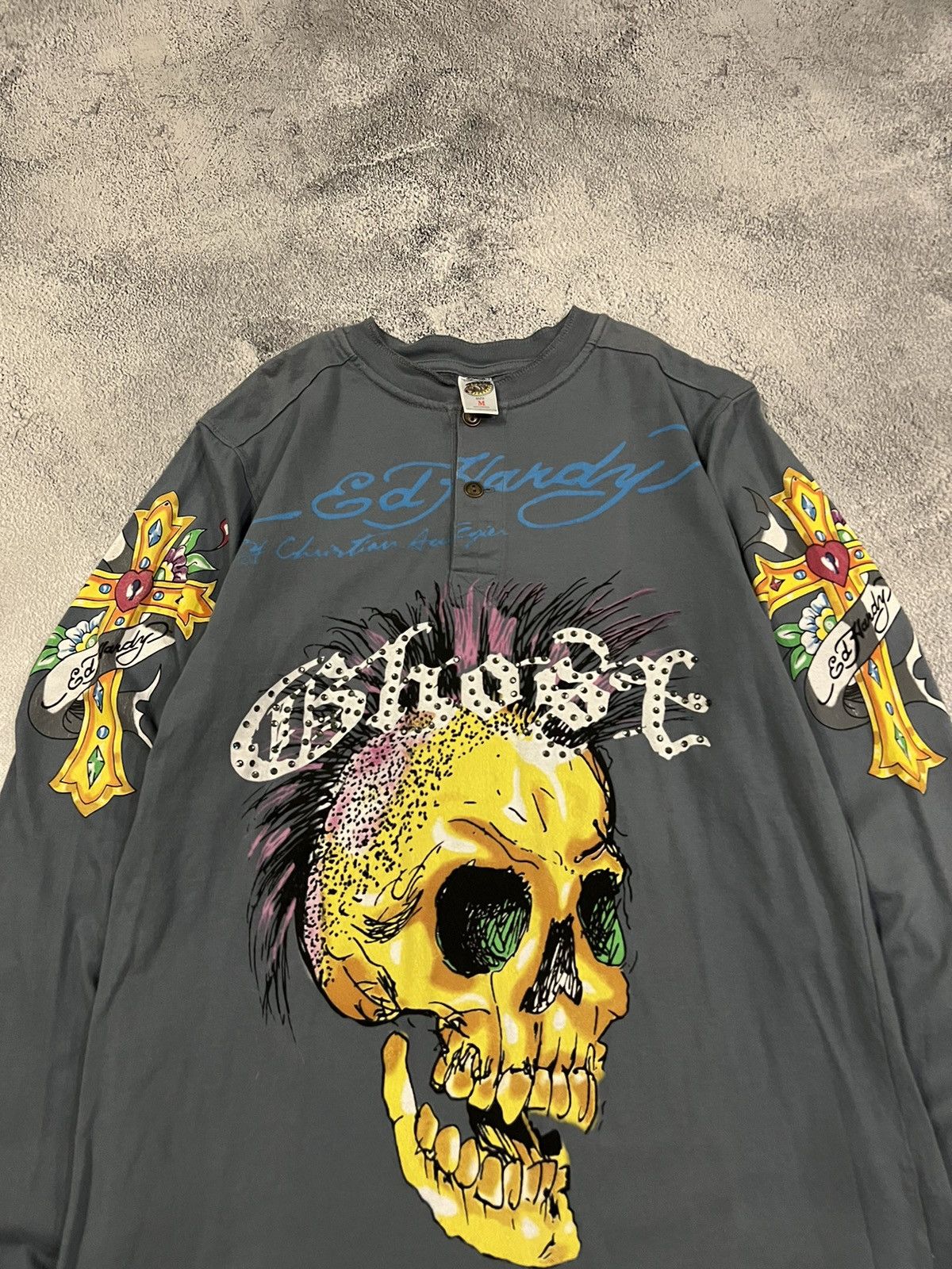 image of Christian Audigier x Ed Hardy Vintage Y2K Ed Hardy Skull Cross Tattoo Long Sleeve 00S in Grey (Size