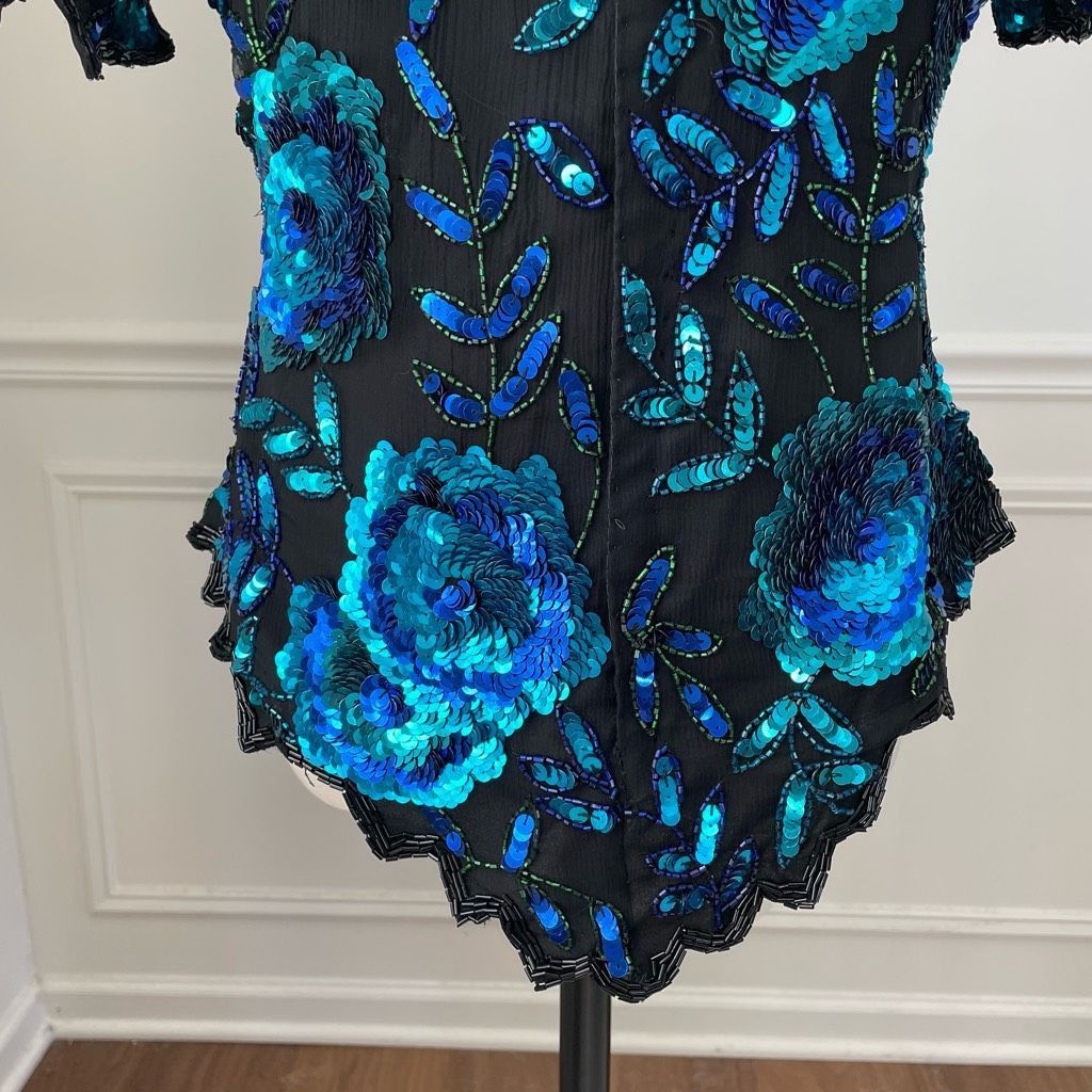 Other NWT NOS Laurence Kazar Beaded Sequin Short Sleeve Silk Top Blue Black L Size L / US 10 / IT 46 - 3 Thumbnail