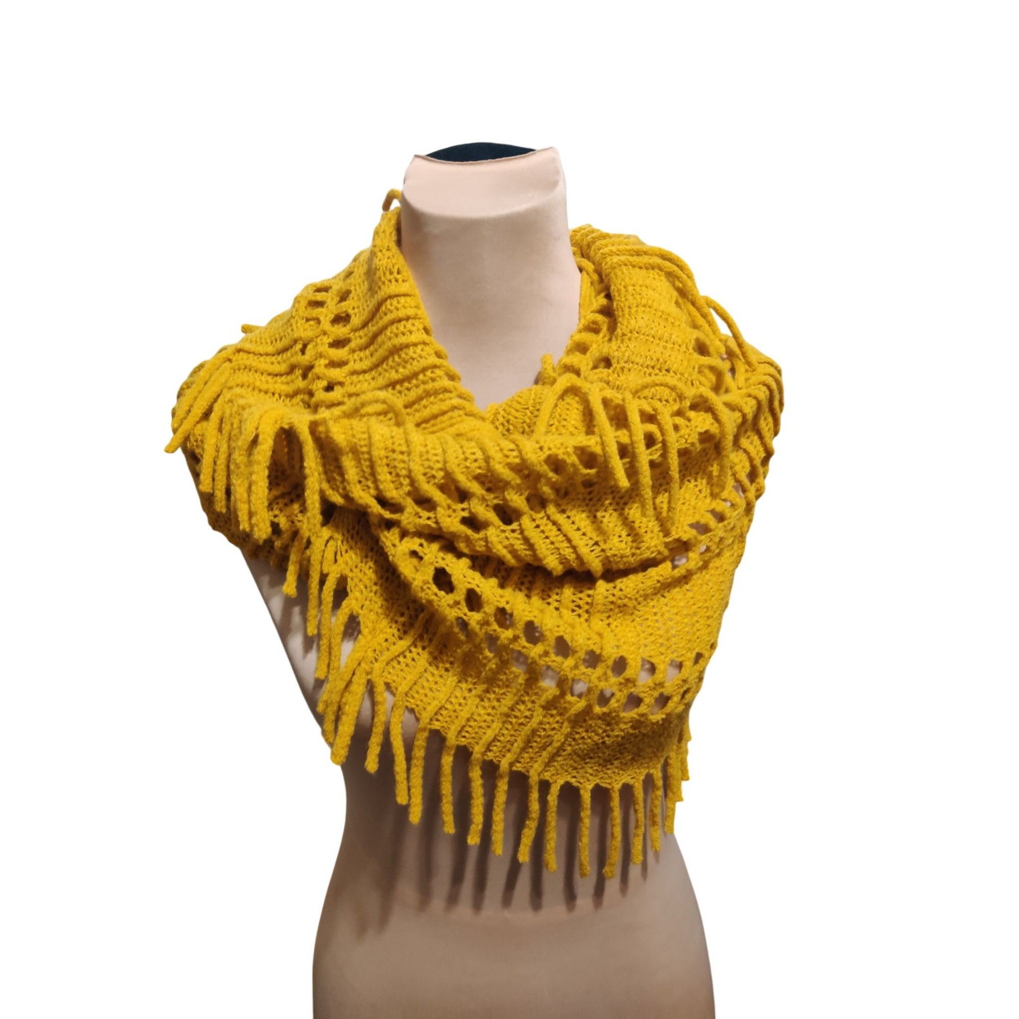 Other Anna & Ava Mustard Yellow Crochet Fringe Infinity Scarf Open Size ONE SIZE - 7 Thumbnail