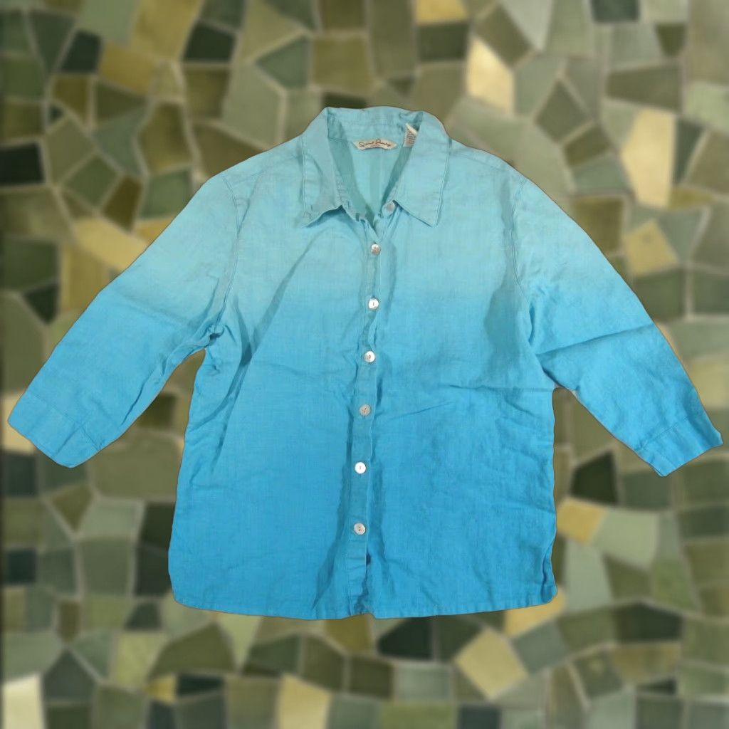 Vintage French Laundry Petite 100% Linen Blue Tie Dye 3/4 Sleeve Blouse Shirt Top PL Women Size L / US 10 / IT 46 - 1 Thumbnail