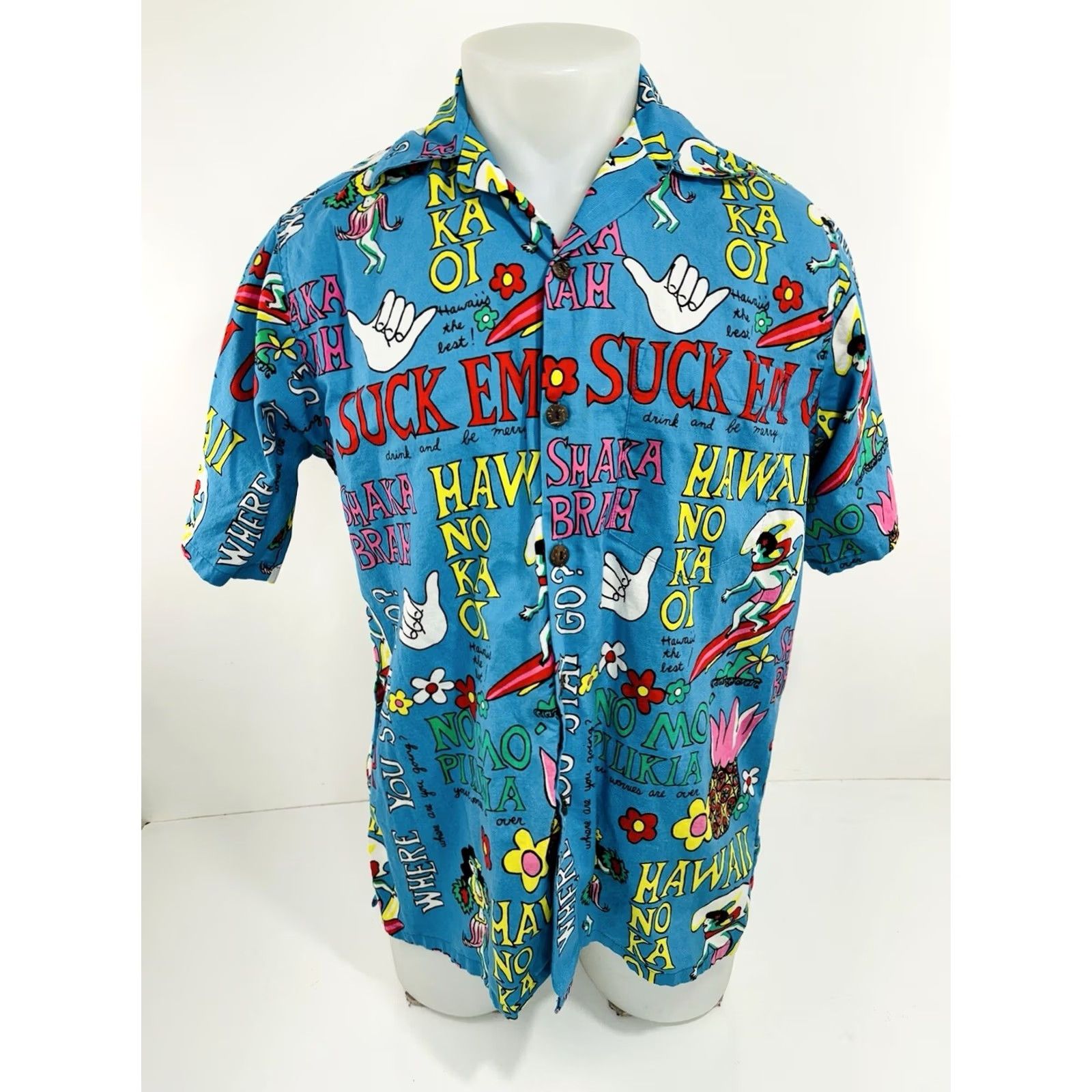 Vivobarefoot VINTAGE Go Barefoot SHAKA BRAH / SUCK EM Surfing Hula Girl Hawaiian Shirt M Blue Mens Short Sleeve Button-Up Shirt Size US M / EU 48-50 / 2 - 2 Thumbnail