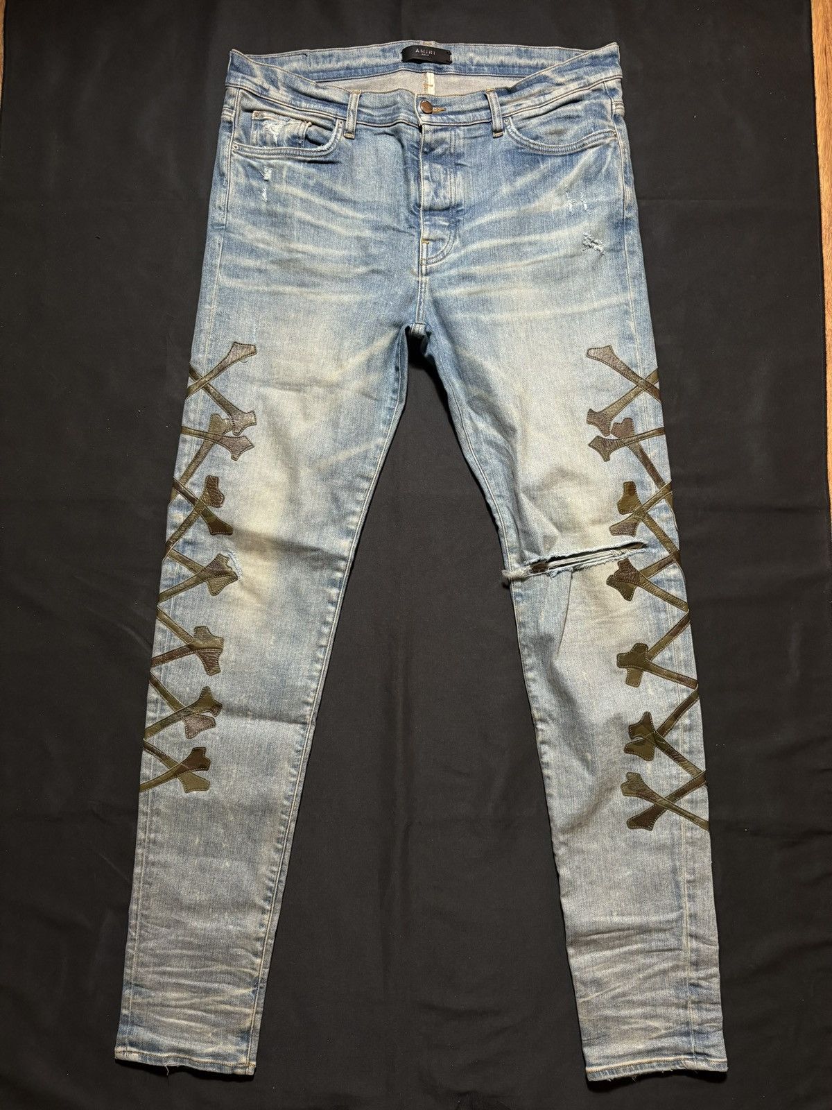 Amiri Amiri Distrssed Bones Patch Jeans Camo Blue - Size 38 Size US 38 / EU 54 - 1 Thumbnail