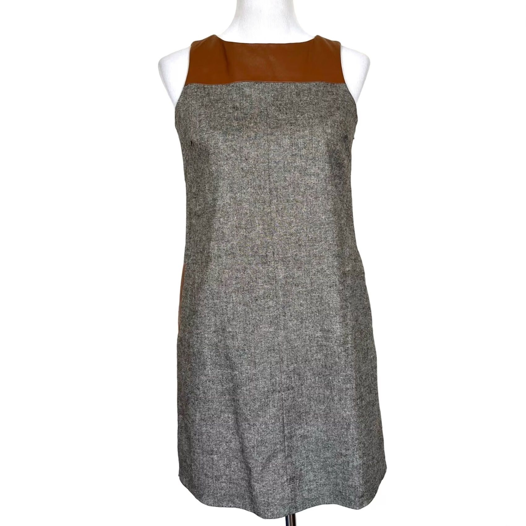Lands' End Lands' End Women’s Dress Wool Leather Gray Brown Tweed Shift Sleeveless Sz 2P Dress Short Women’s Size XS / US 0-2 / IT 36-38 - 2 Thumbnail