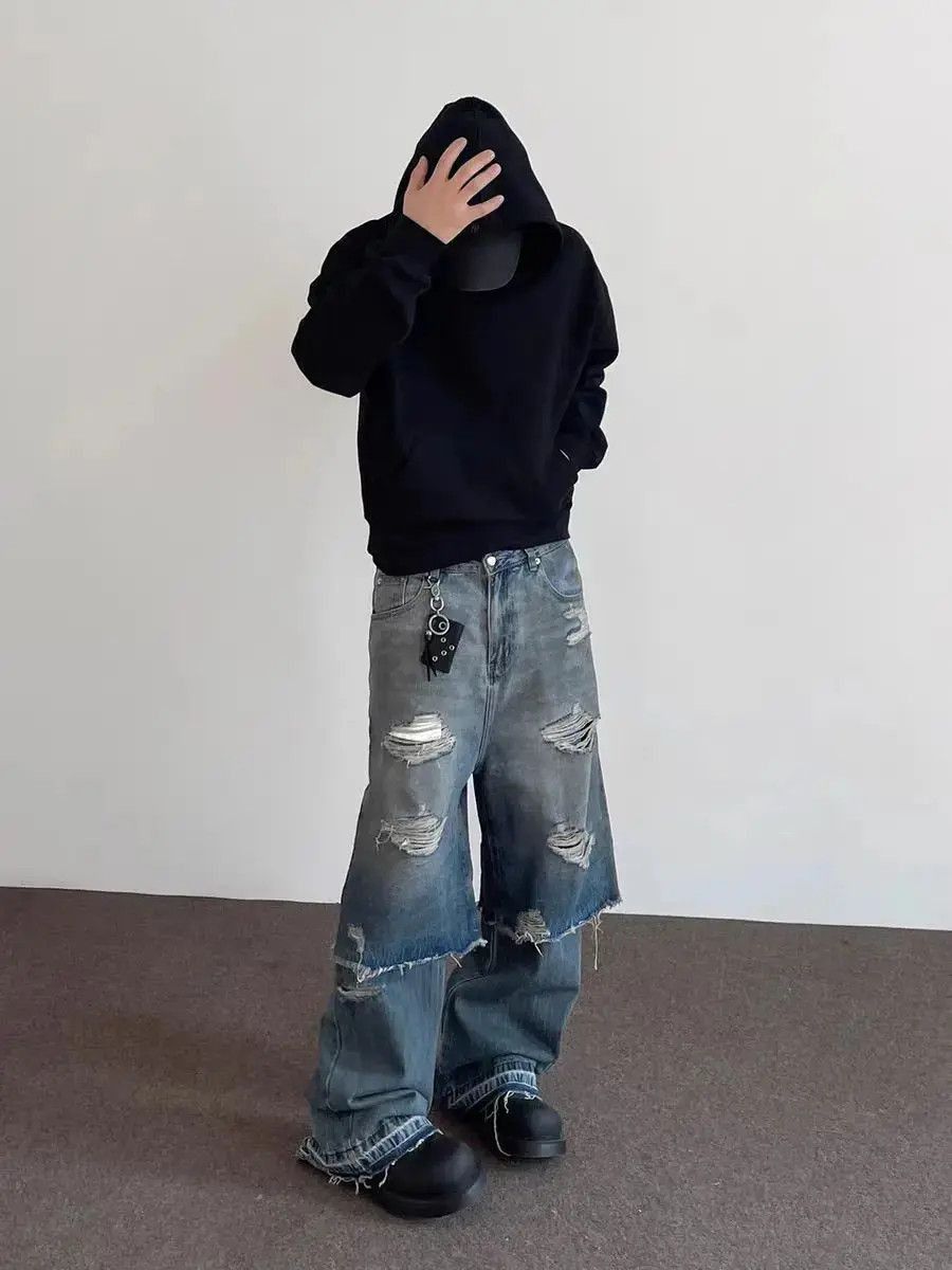 Japanese Brand High Street Hip Hop Fake Two Piece Layered Aged Jeans Size US 32 / EU 48 - 4 Thumbnail
