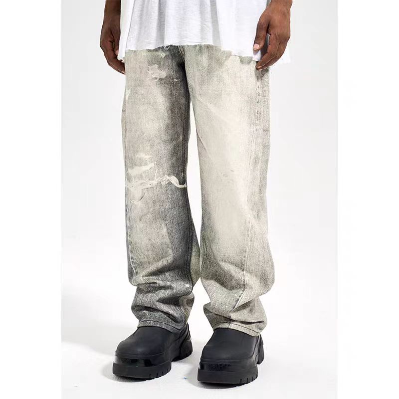 image of High Street All-Over Destroyed Print Retro Straight Jeans in Light Grey, Men's (Size 33)