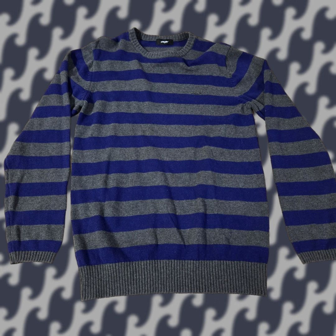 Vintage KR3W Sweater Mens Large Blue Gray Striped Knit Crewneck Pullover Casual Logo Size US L / EU 52-54 / 3 - 1 Thumbnail