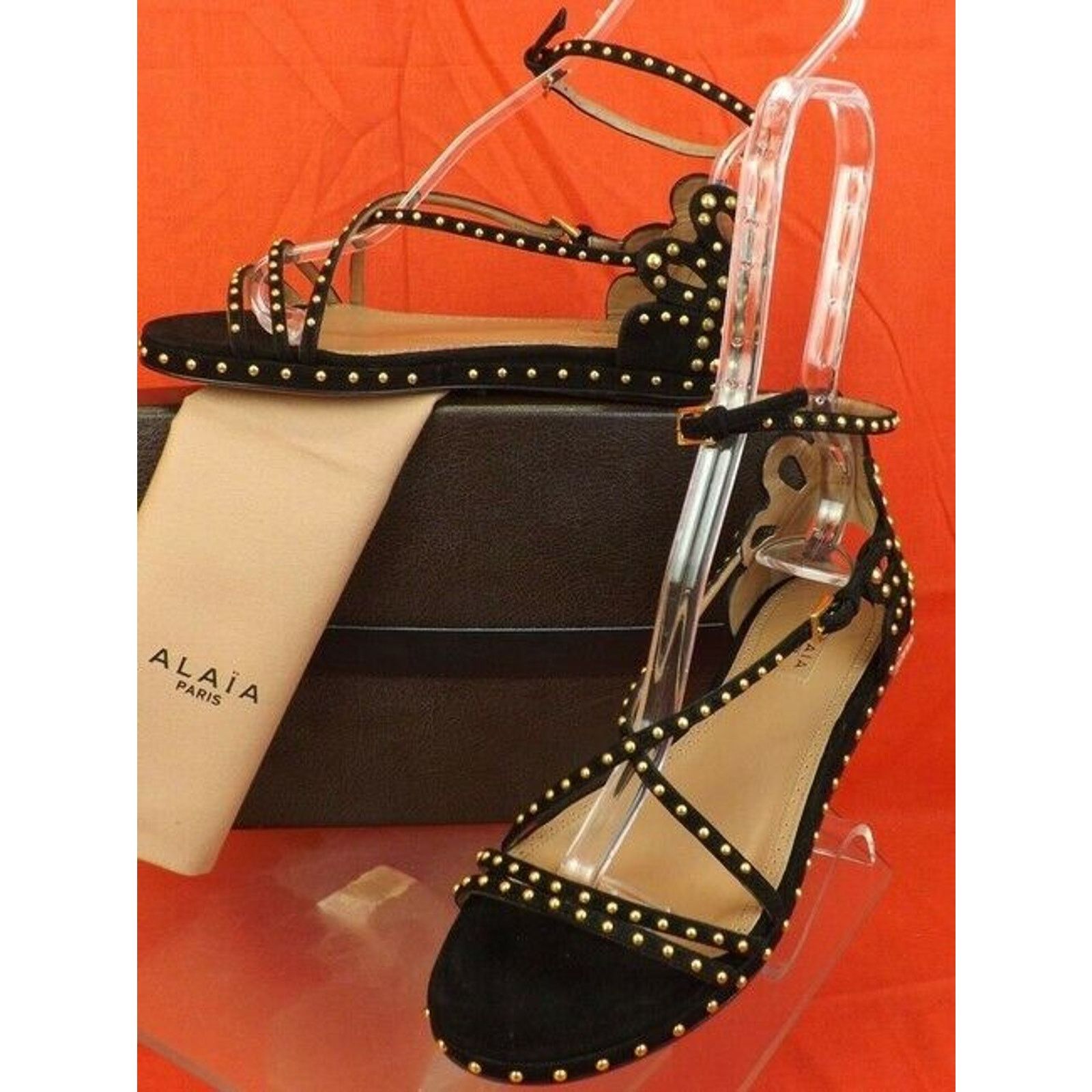 Alaia NEW ALAIA BLACK SUEDE CRISSCROSS GOLD STUDS SANDALS 36.5 Size US 6.5 / IT 36.5 - 4 Thumbnail