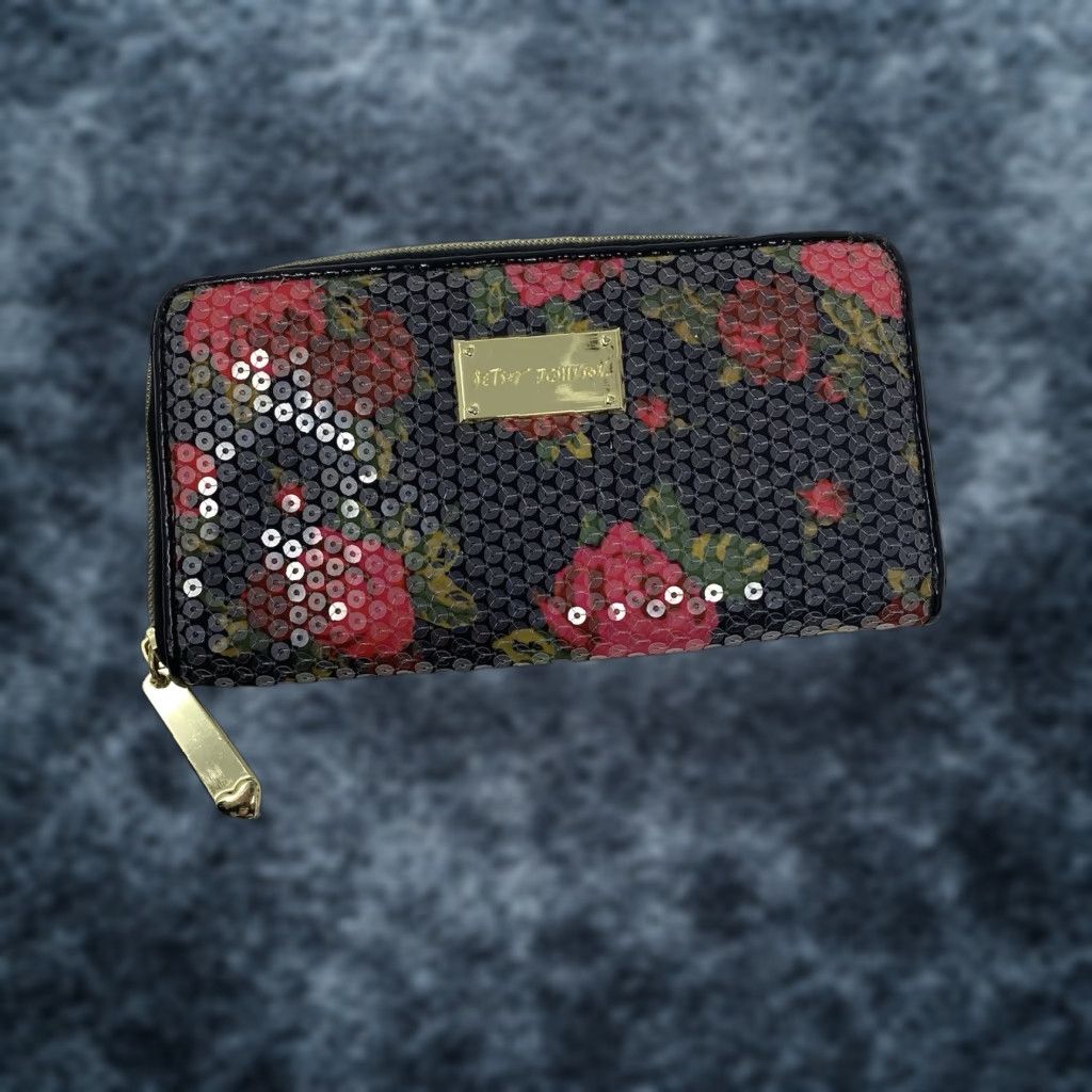 Betsey Johnson BETSEY JOHNSON Wallet Rose Floral Clear Sequin Zip Around Black Multicolor Pattern Floral Zip-Around Women Boys Girls Mens? Size ONE SIZE - 1 Thumbnail