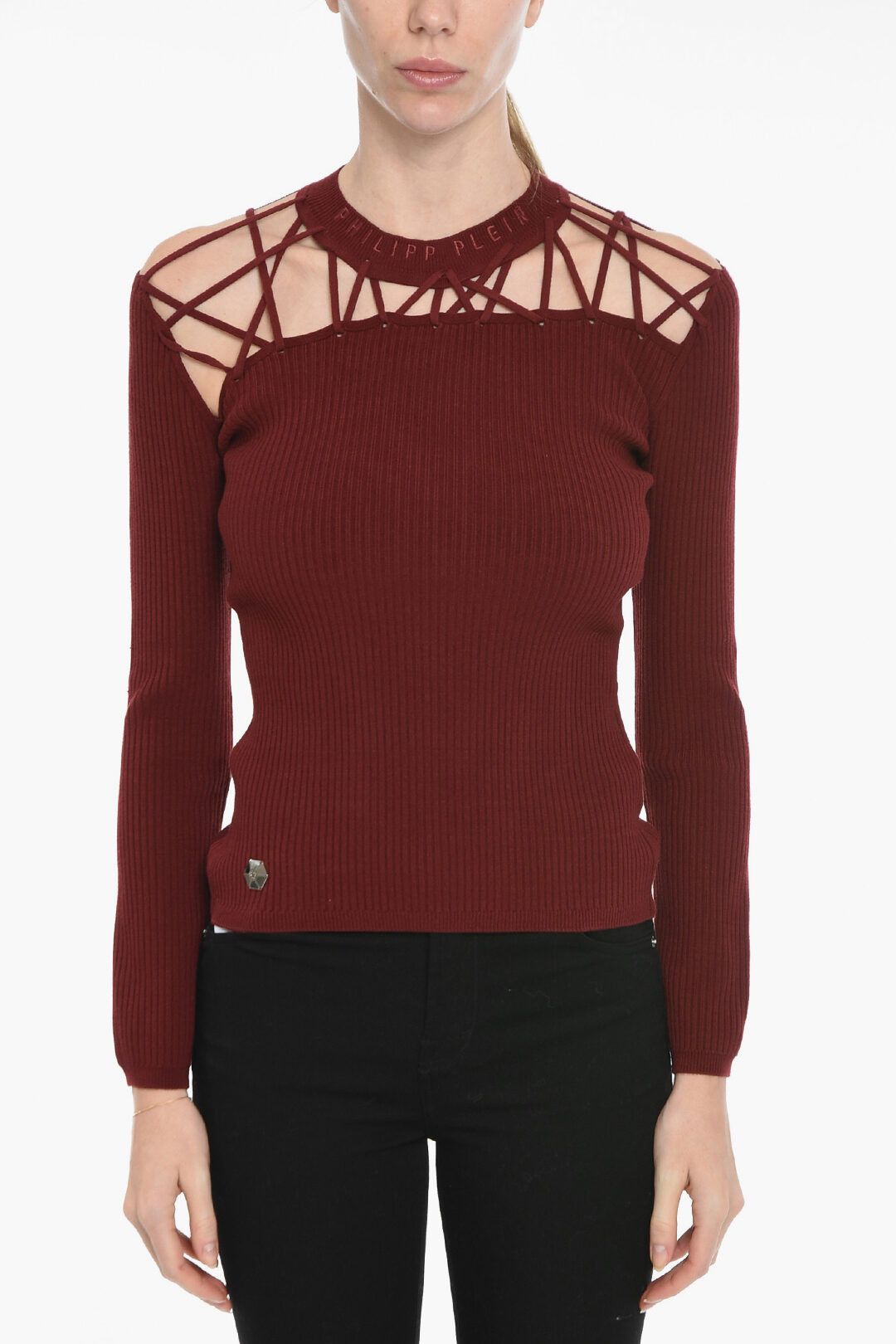 Philipp Plein og1mm0824 Ribbed Twine Sweater With Embroidered Logo Size S / US 4 / IT 40 - 1 Thumbnail