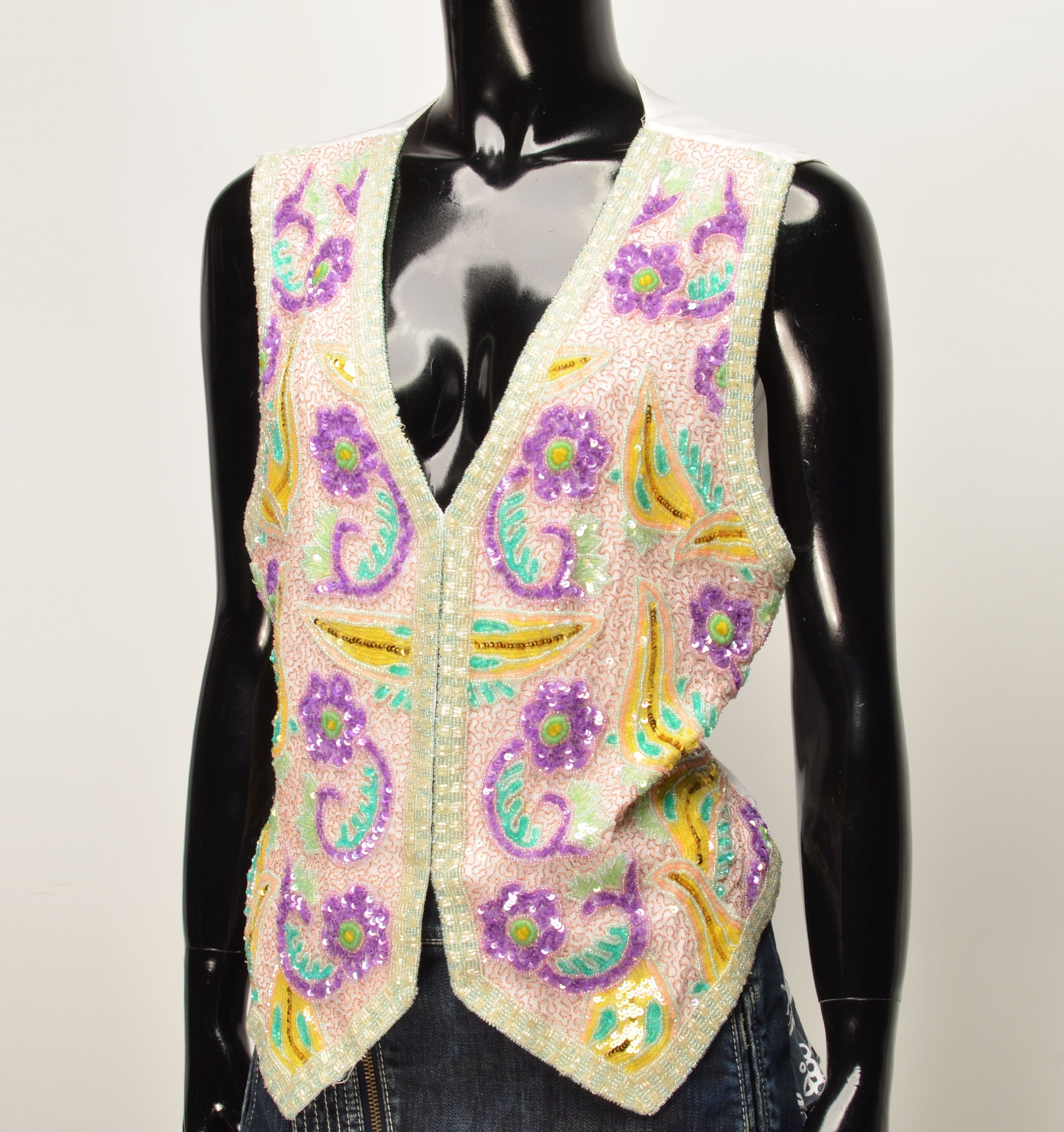 Vintage Vintage Full Beaded Sparkle Floral Silk Vest Size M / US 6-8 / IT 42-44 - 2 Thumbnail
