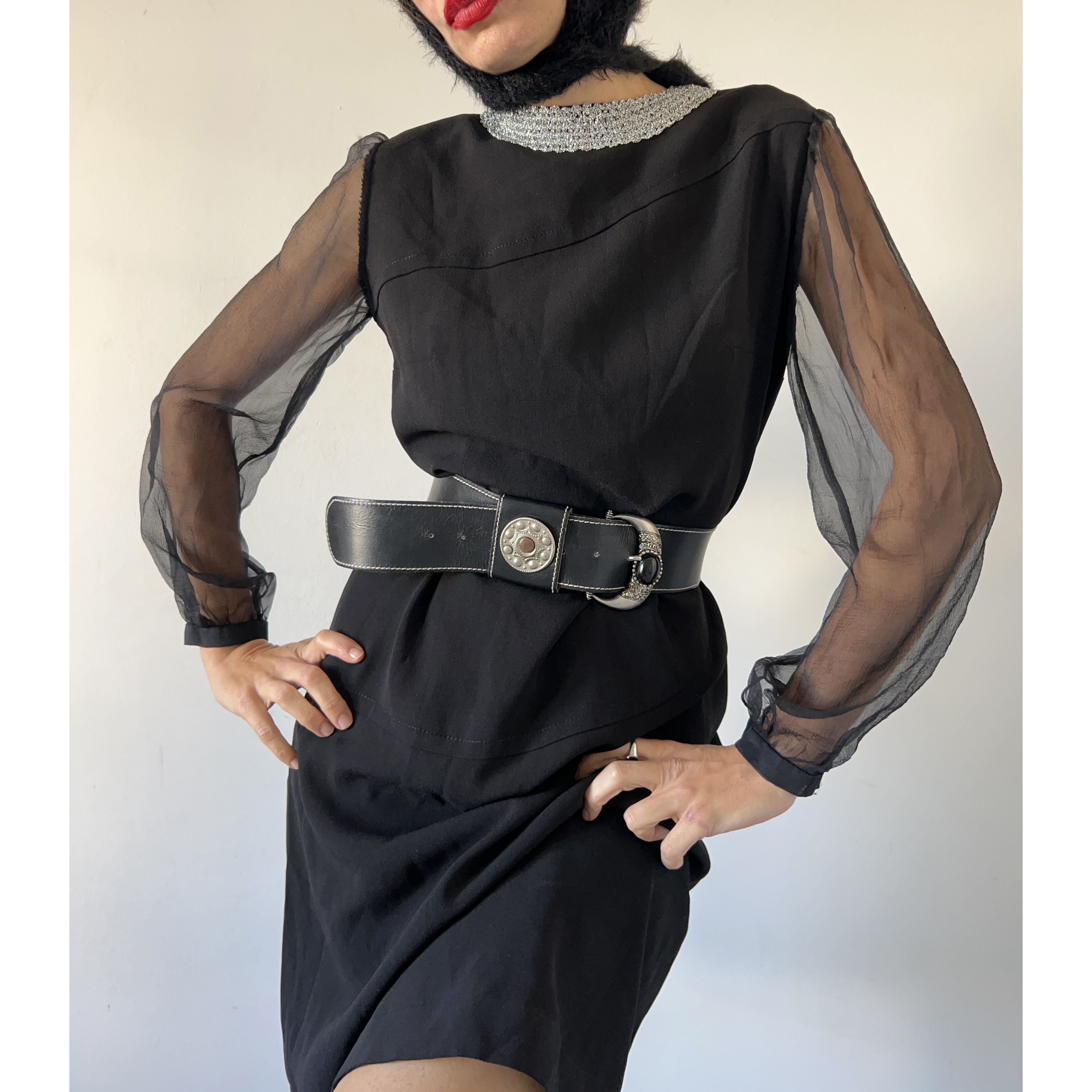 Vintage Vintage 70s Black Formal Midi Dress sheer sleeves Size S / US 4 / IT 40 - 3 Thumbnail