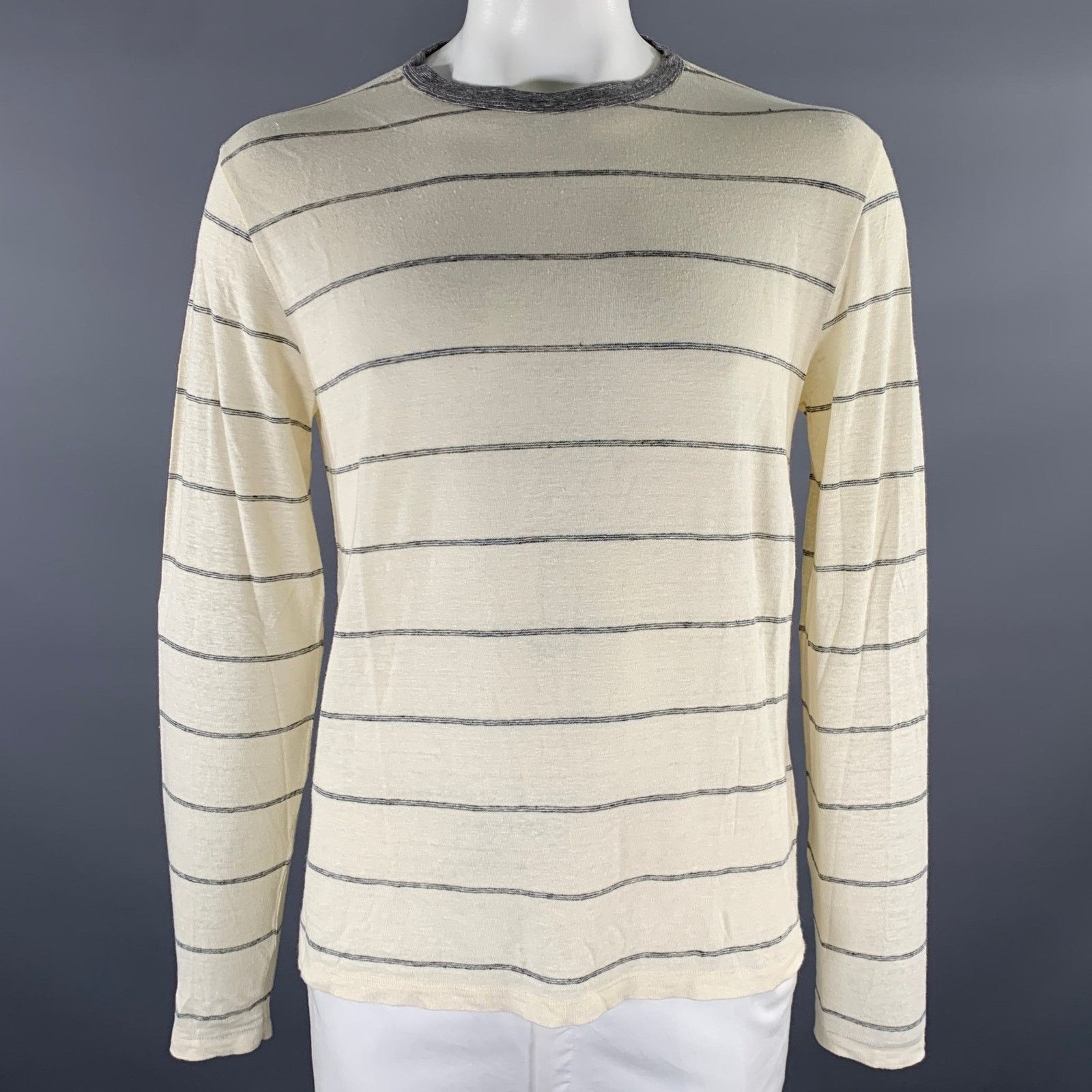 Officine Generale OFFICINE GENERALE Size L Cream Grey Stripe Linen Pullover Size US L / EU 52-54 / 3 - 1 Thumbnail