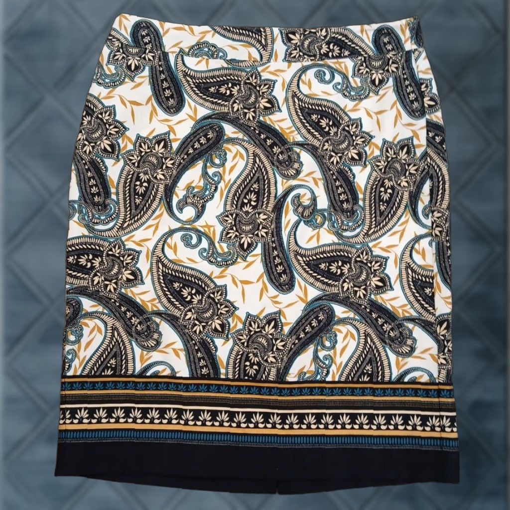 Van Heusen Van Heusen Skirt Women Pencil Knee Length Cotton Blue 4 Lined Slit Pattern Paisley Vintage No Size 27" / US 4 / IT 40 - 1 Thumbnail