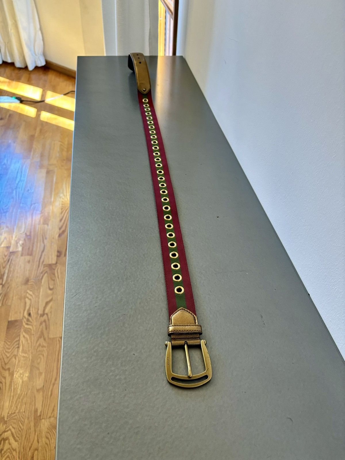 Gucci Rare Gucci Gold Leather and Canvas Web Grommet Buckle Size ONE SIZE - 4 Thumbnail