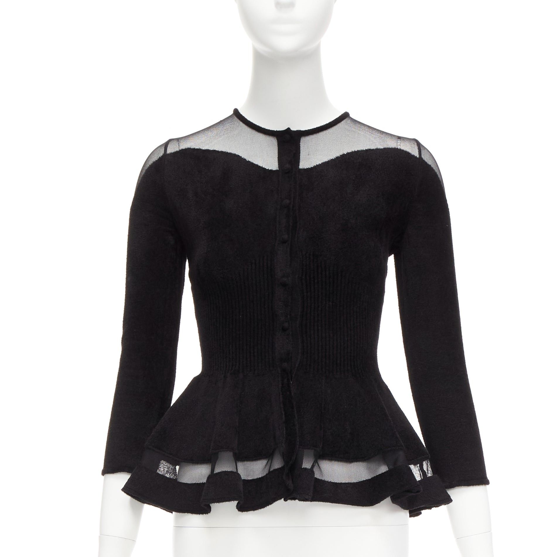 image of Alexander Mcqueen 2017 Black Chenille Sheer Peplum Ribbed Waist Cardigan Xs, Women's (Size Small)