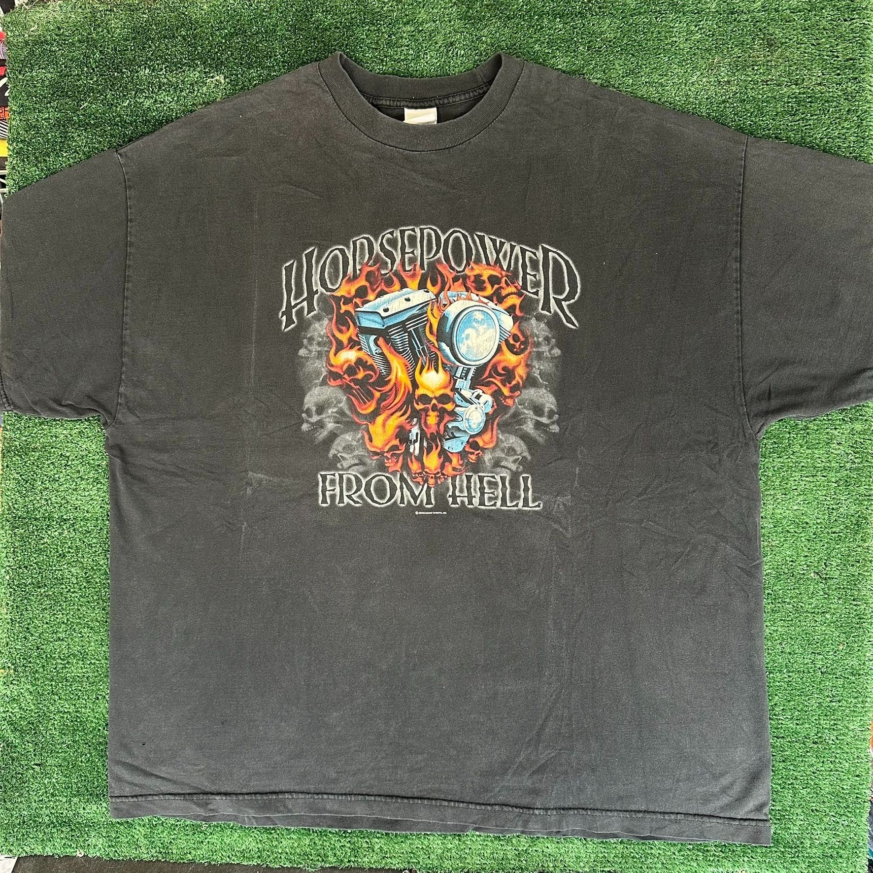 Vintage Vintage Horsepower From Hell Flame Skull T-Shirt Boxy Faded Size US XXL / EU 58 / 5 - 1 Thumbnail