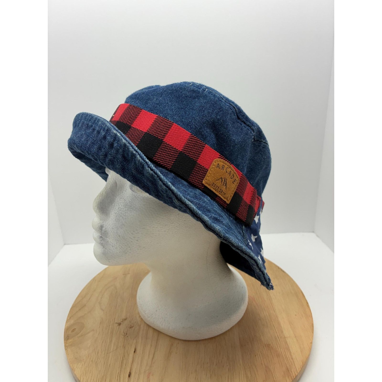 Other Vintage Denim Hat Reworked – Small 22” Red Plaid, Americana Size ONE SIZE - 2 Thumbnail