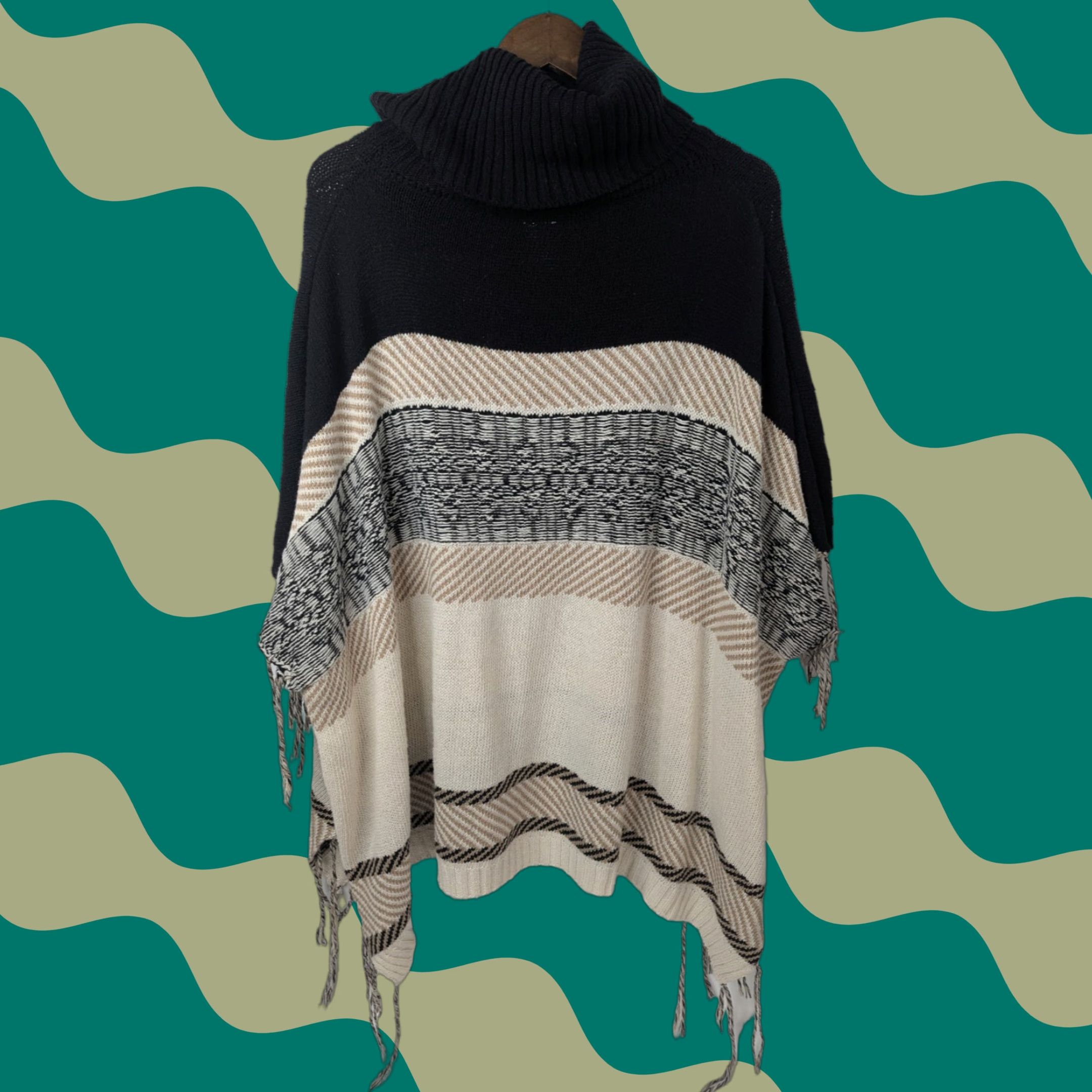 Vintage VINTAGE Northern Angel Sweater Poncho Womens S/M Black Beige Stripe Fringe Cowl Neck Size S / US 4 / IT 40 - 1 Thumbnail