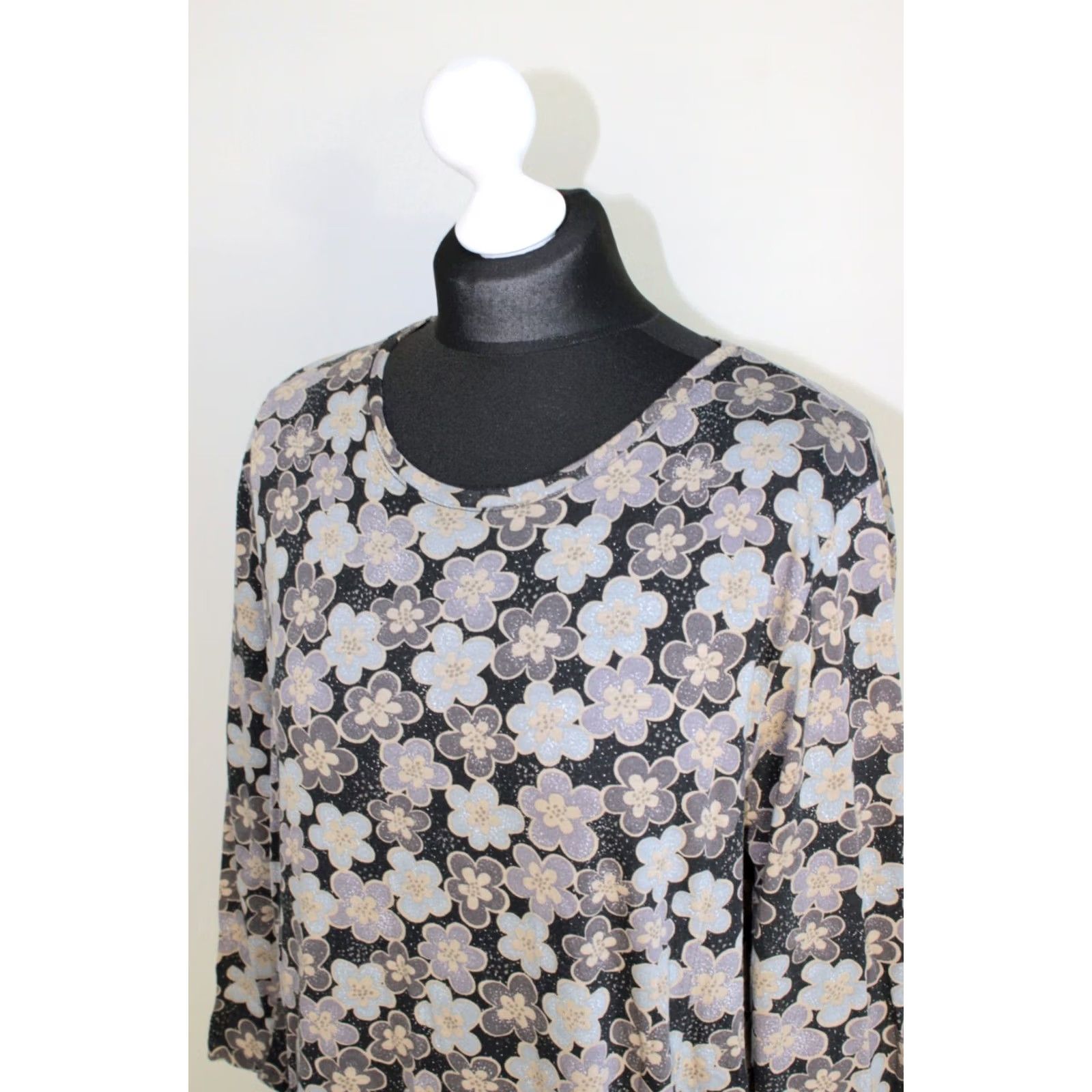Vintage Gudrun Sjoden Floral Dress Womens L A-Line Midi Grey Dress Length 109 cm Sleeves 48 cm Size L / US 10 / IT 46 - 2 Thumbnail