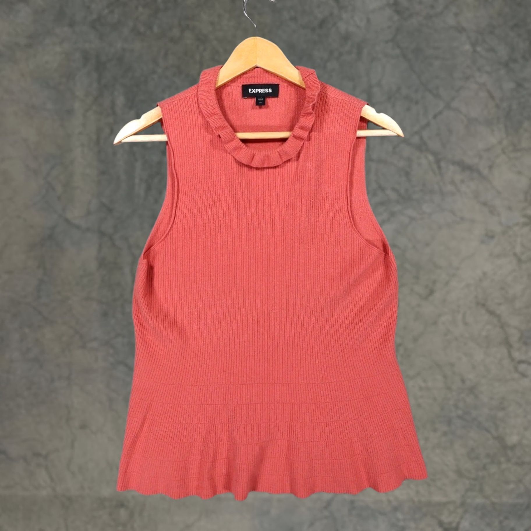 Express Express Tank Top Womens L Pink Ruffle Neck Ribbed Knit Peplum Sleeveless Size L / US 10 / IT 46 - 1 Thumbnail