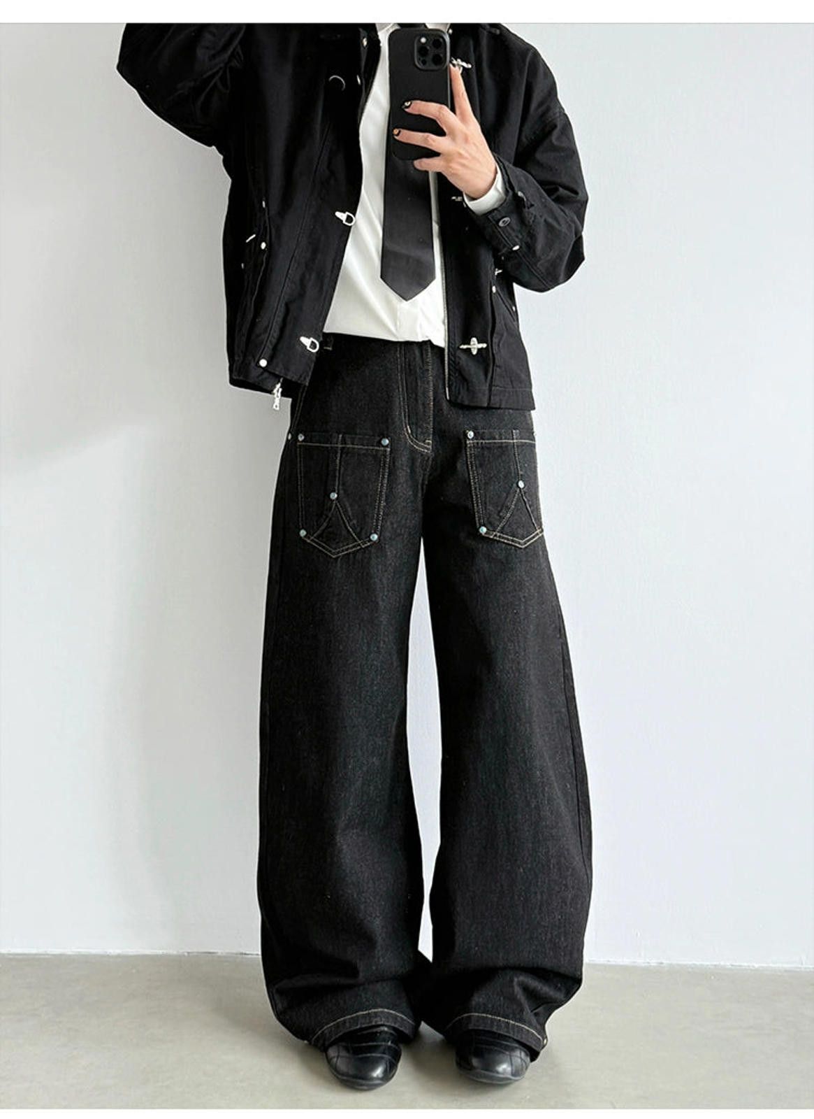 Japanese Brand Black Wide Leg Denim Jeans, Loose Fit Casual Pants Size US 30 / EU 46 - 1 Thumbnail