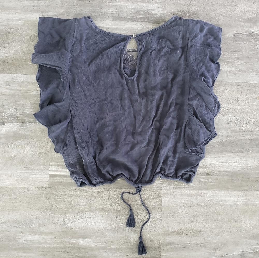 Designer Navy Drawstring Hollister Cropped Ruffle Sleeve Size S / US 4 / IT 40 - 2 Thumbnail
